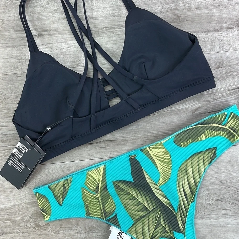 ☀️HURLEY☀️BLACK SPORT TOP COCO BEACH CHEEKY HIP BIKINI SET